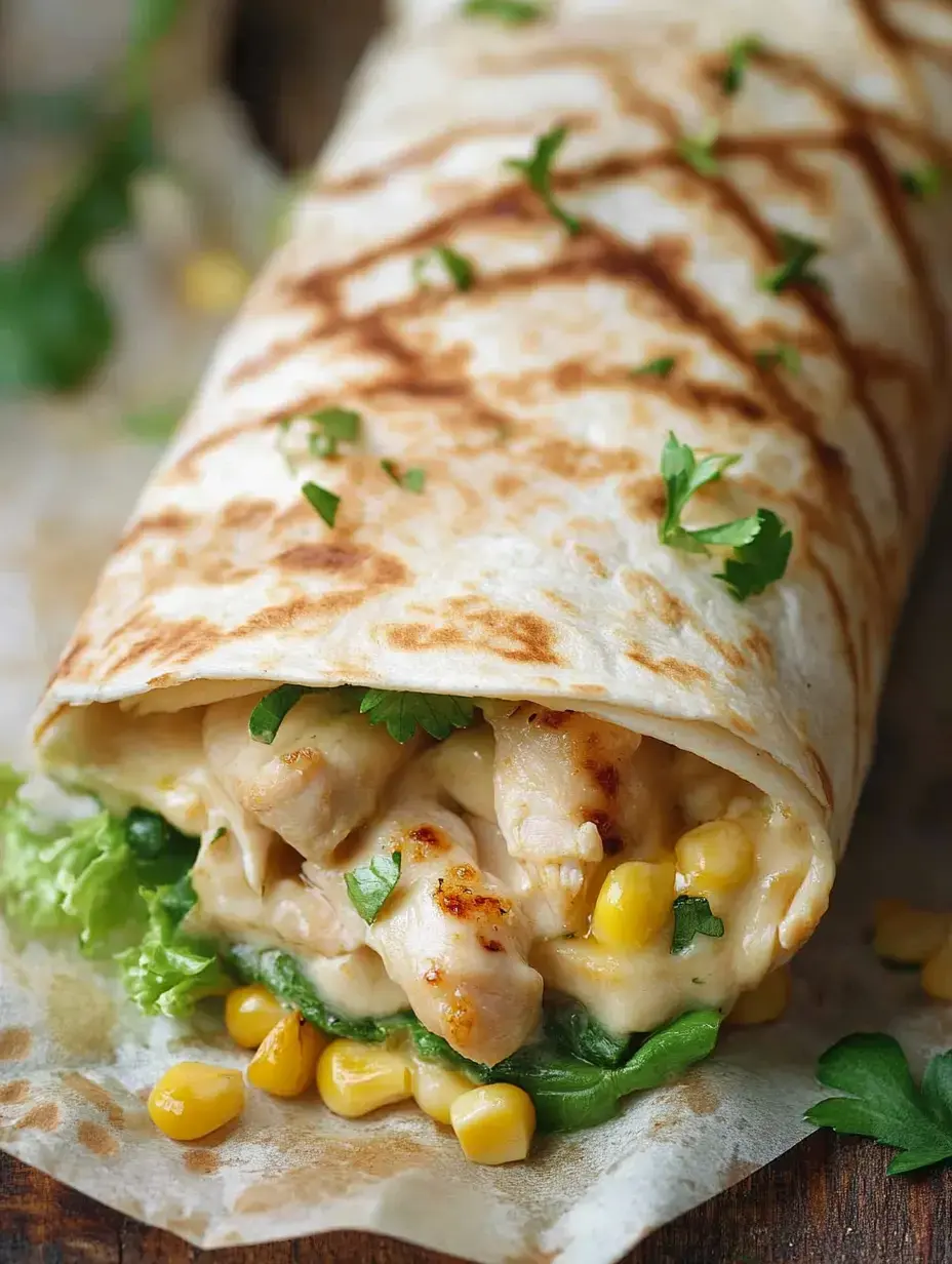 Ein knuspriger Wrap mit Hähnchen, Salat, Mais und cremiger Soße, obenauf frischer Koriander.