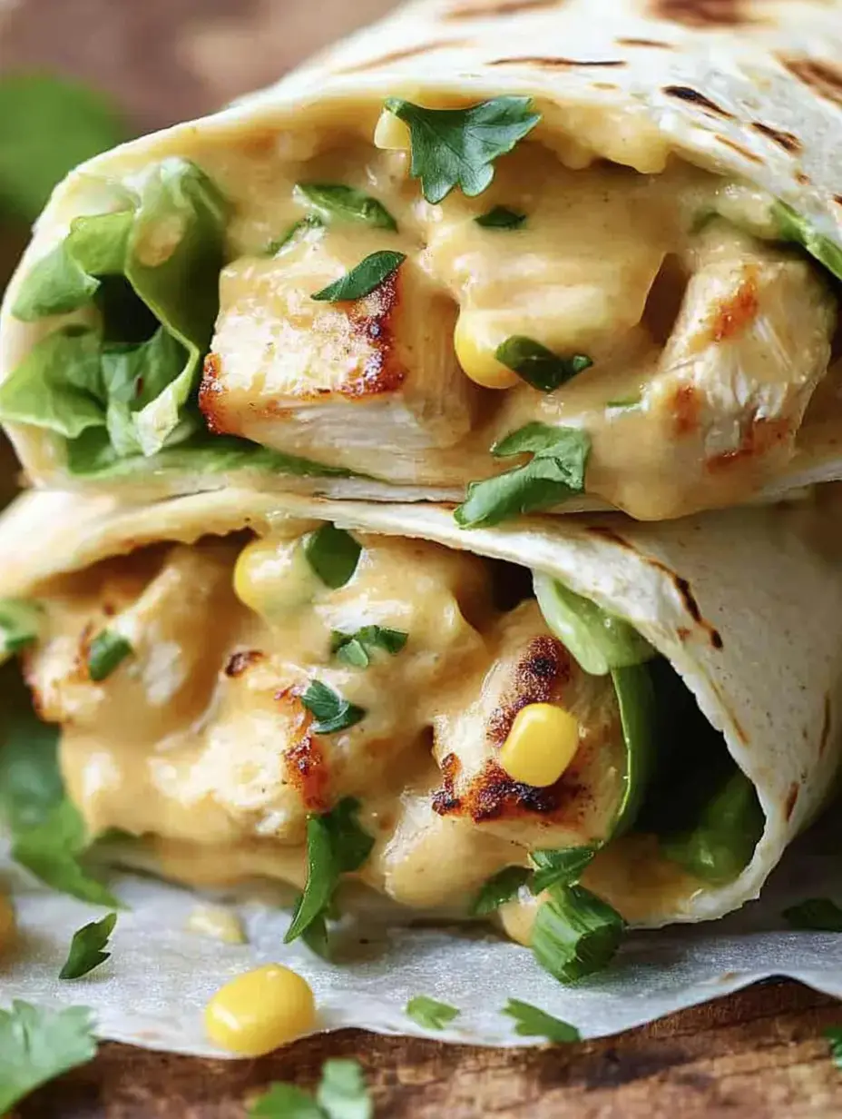 Nahaufnahme von zwei prall gefüllten Tortillas, getoppt mit Hähnchen, grüner Paprika, Mais und cremiger Soße.