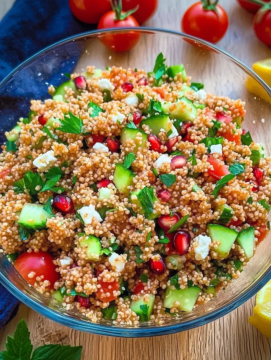 Ein farbenfreudiger Couscous-Salat mit Tomaten, Gurken, Granatapfelkernen, Minze und Feta, serviert in einer Glasschüssel.