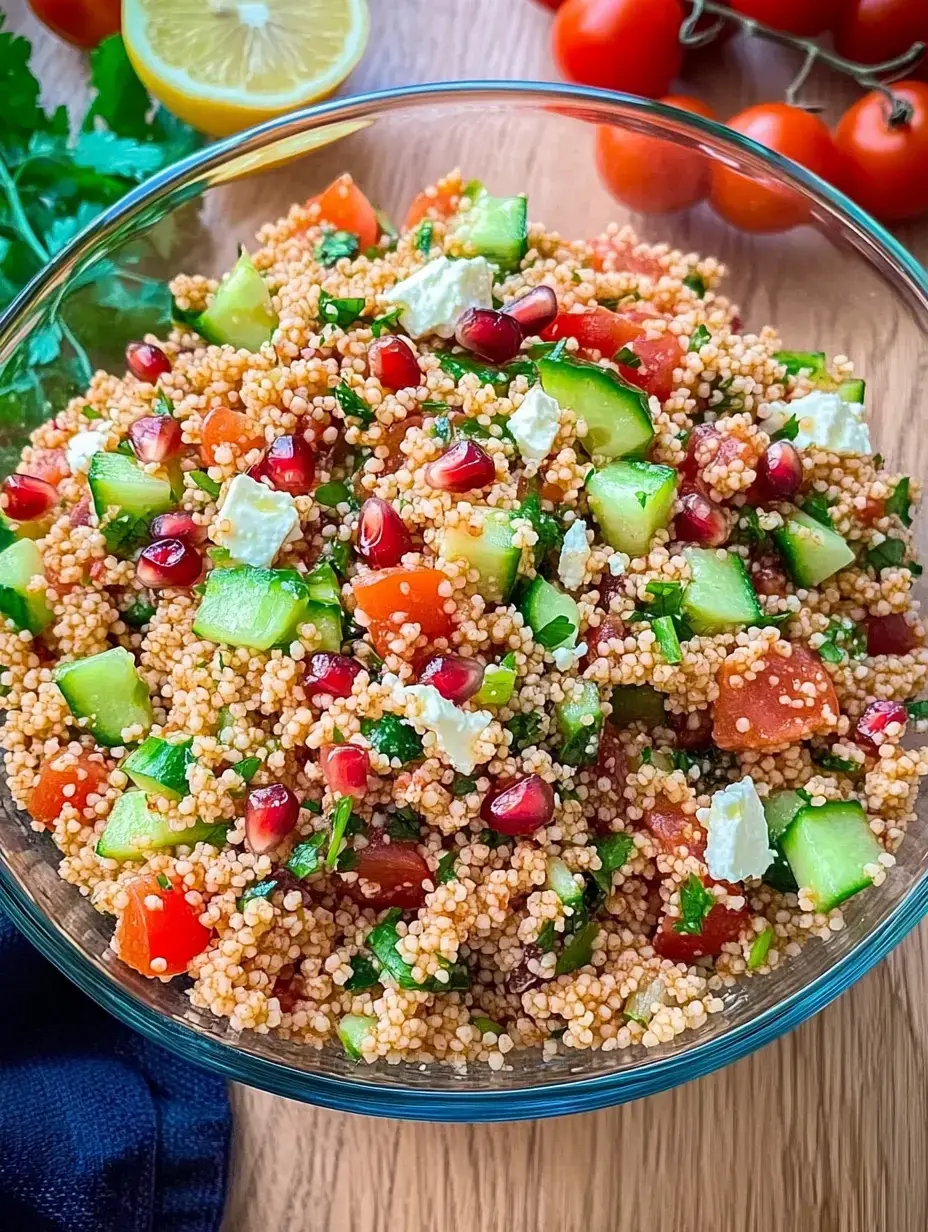Ein bunter Mix aus Quinoa, Gurken, Tomaten, Granatapfelkernen und etwas Feta in einer Glasschüssel.