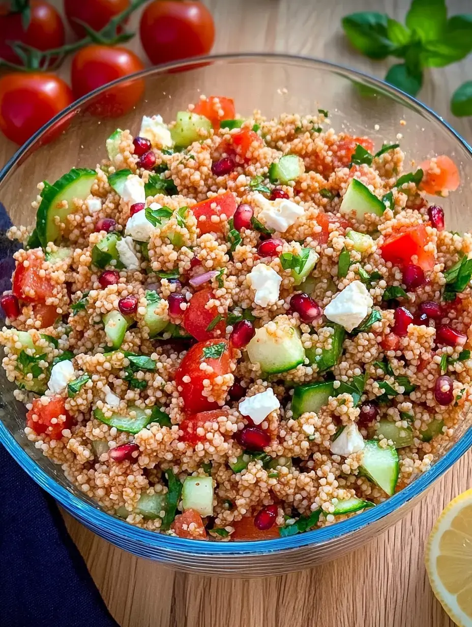 Ein kunterbunter Couscous-Salat mit Tomaten, Gurken, Granatapfelkernen und Feta in einer Glasschüssel.