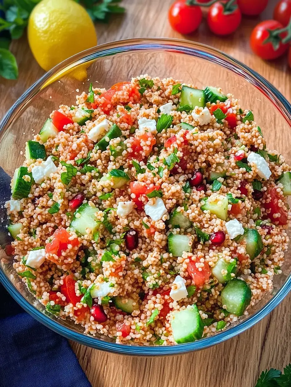 Ein saftiger Couscous-Salat mit Tomaten, Gurken, Feta und Granatapfelkernen in einer Glasschüssel.