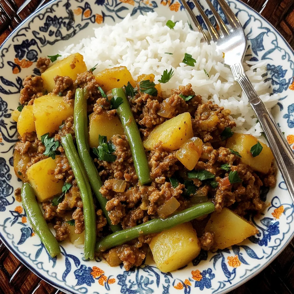 Pfanne mit grünen Bohnen, Kartoffeln und Hackfleisch
