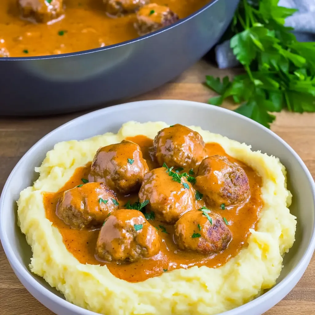 Saftige Fleischklößchen in Rahmsoße mit Kartoffelbrei