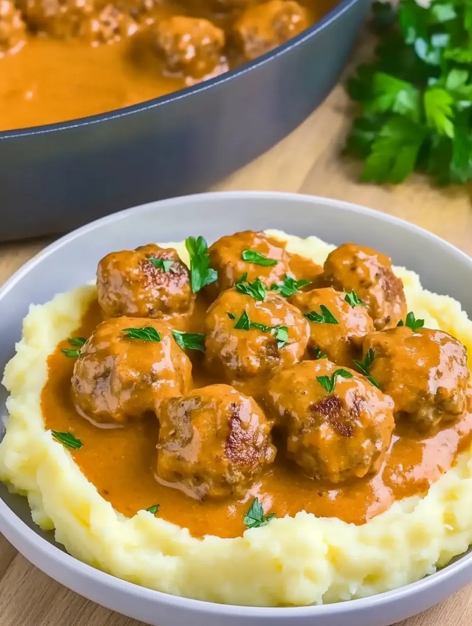 Saftige Fleischbällchen in sämiger Soße auf fluffigem Kartoffelbrei