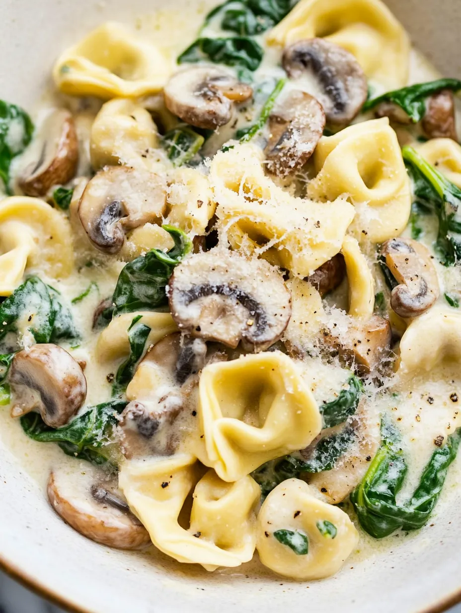 Cremige Tortellini mit Spinat und Pilzen (Eine Pfanne!)