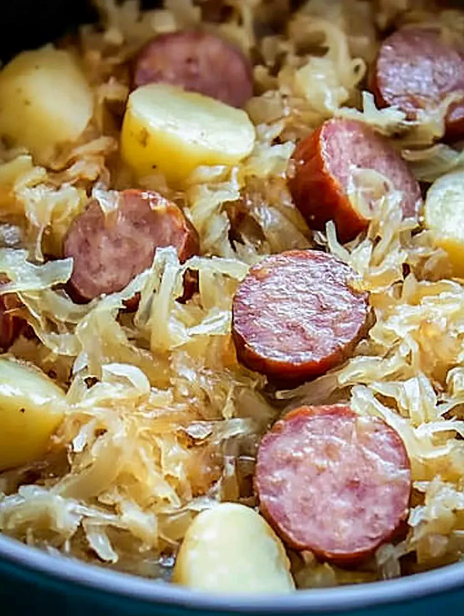 Einfaches Rezept für polnische Wurst, Sauerkraut und Kartoffeln im Schongarer