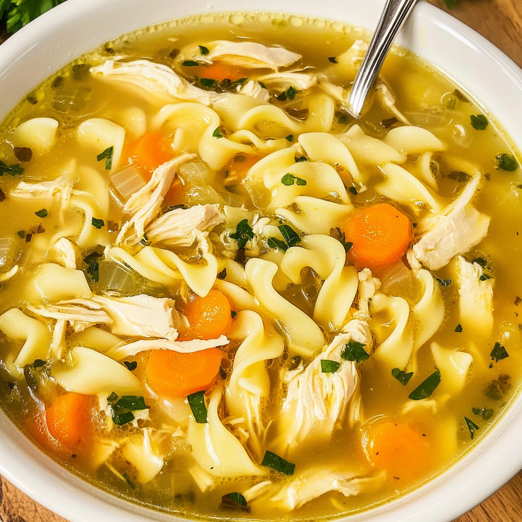 Schüssel mit Hähnchensuppe und Karotten.