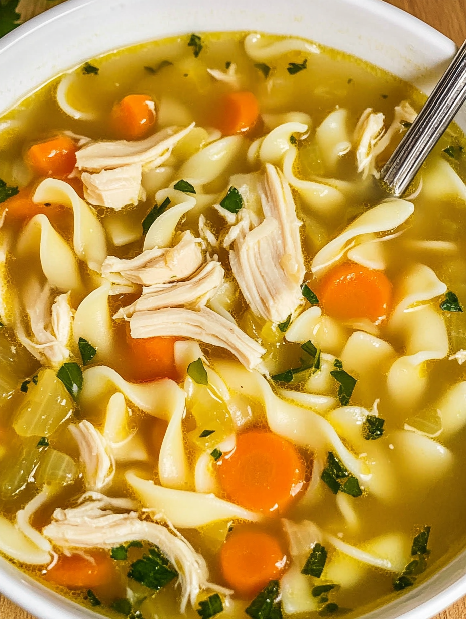 Eine Suppenschüssel mit Hähnchen und Möhren.