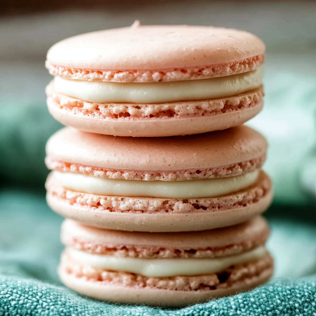 Ein Stapel rosa und weißer Macarons.