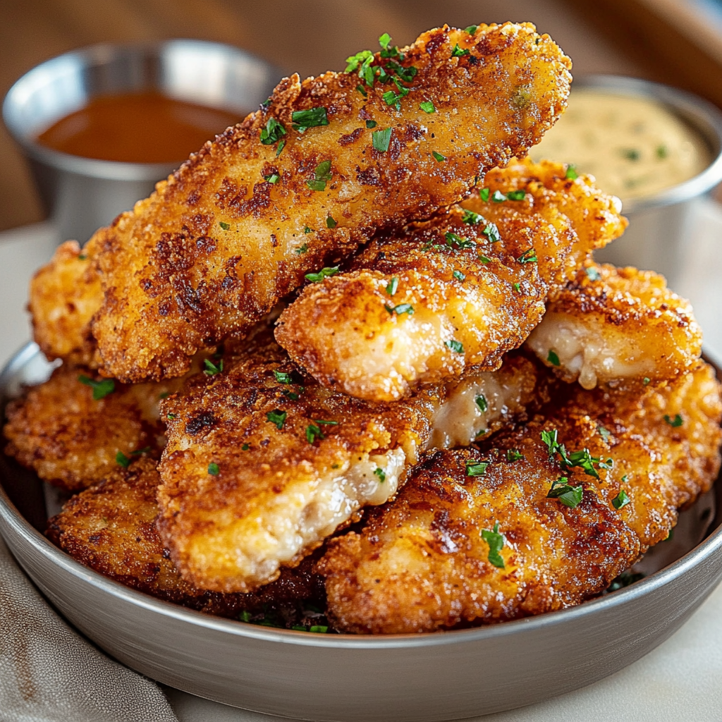 Eine Schüssel mit panierten Hähnchensticks.