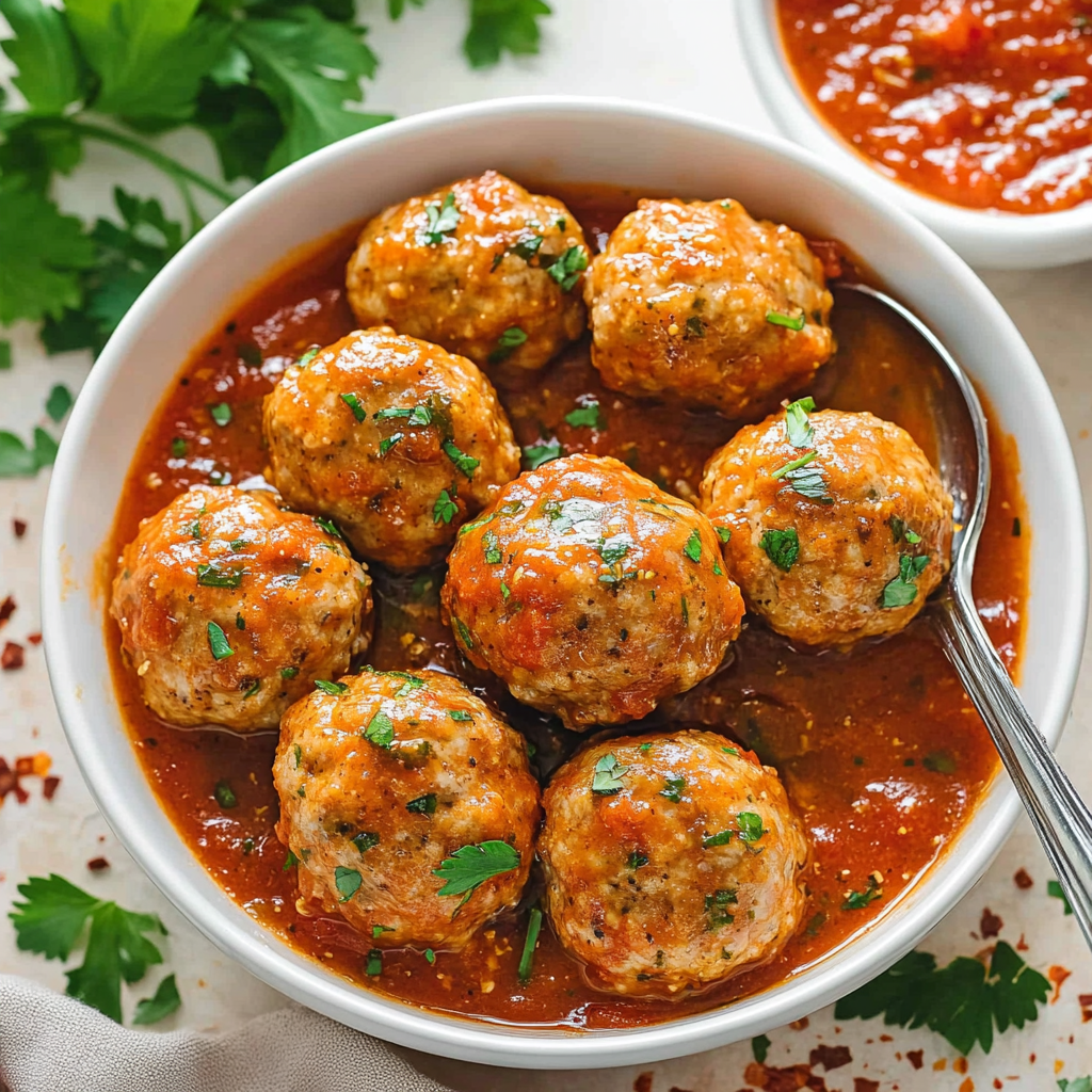 Eine Schüssel mit Fleischbällchen in Tomatensauce.