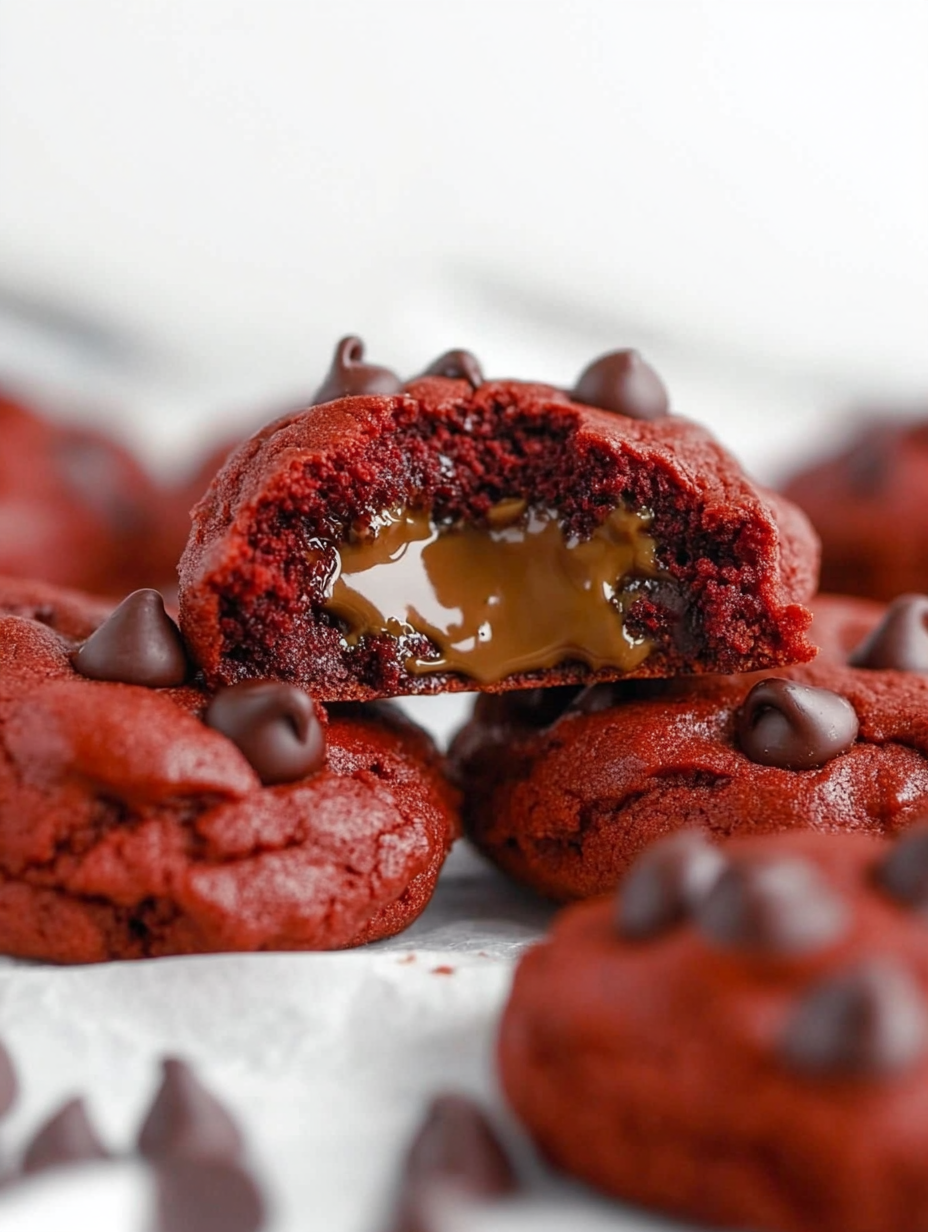 Ein rotes Velvet-Cupcake mit Schokosoße oben drauf.