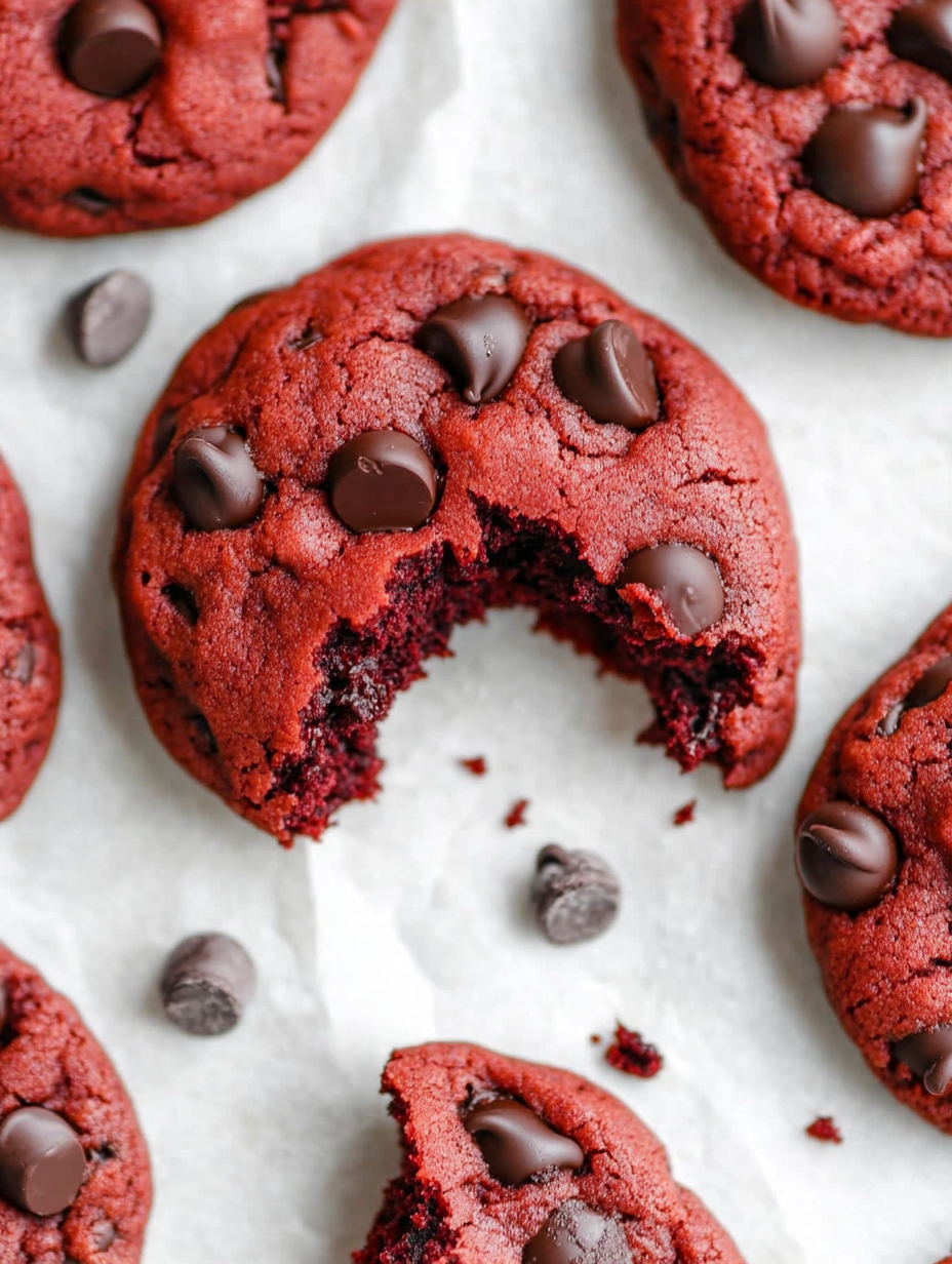 Ein roter Schoko-Cookie, von dem ein Bissen fehlt.