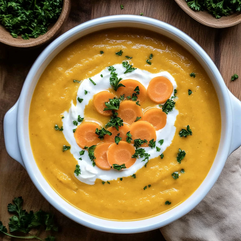 Eine Schüssel Suppe mit Möhren und Sahne.