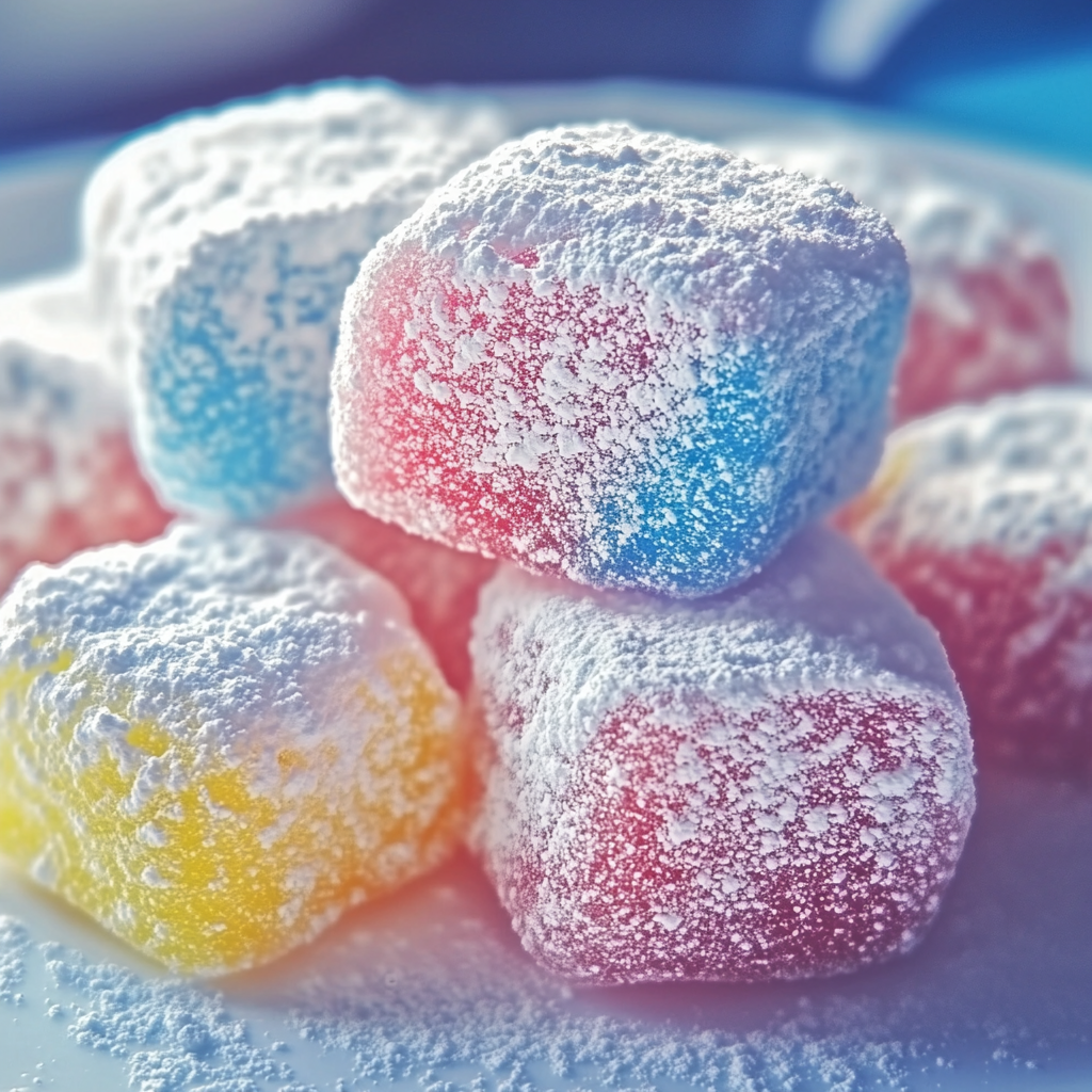 Ein Teller mit bunten, mit Puderzucker bestäubten Donuts.