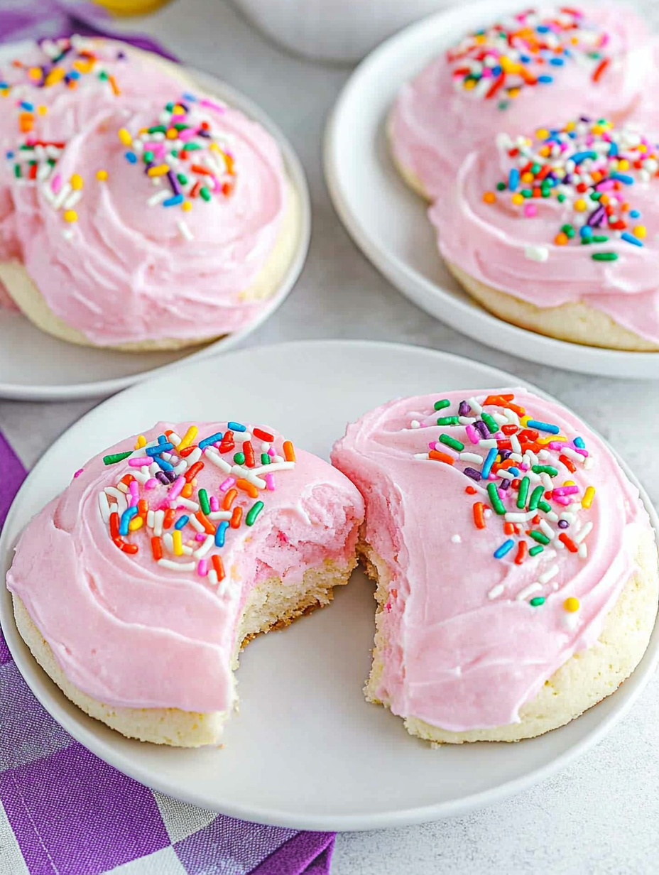 Ein Stück rosa glasiertes Keks mit Streuseln.