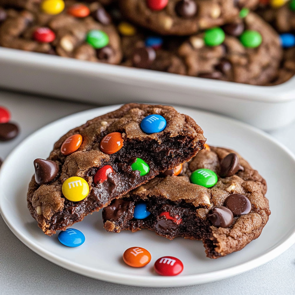 Ein Teller mit Schokokeksen, oben drauf M&M's.