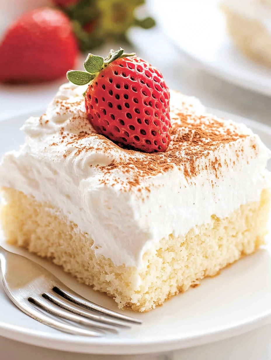 Ein Stück Kuchen mit Erdbeere obendrauf.
