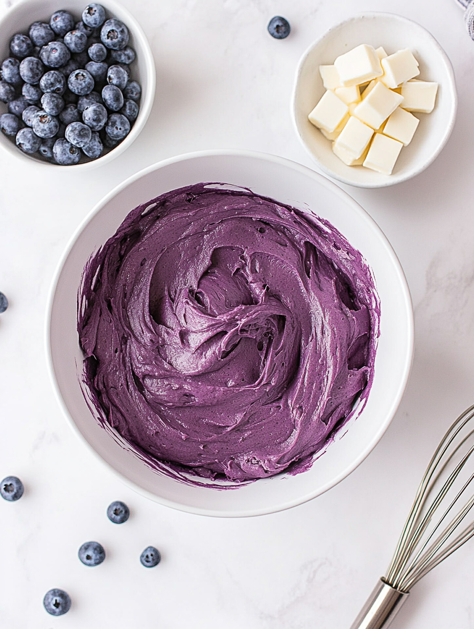 Eine Schüssel mit lila Creme und Blaubeeren daneben.
