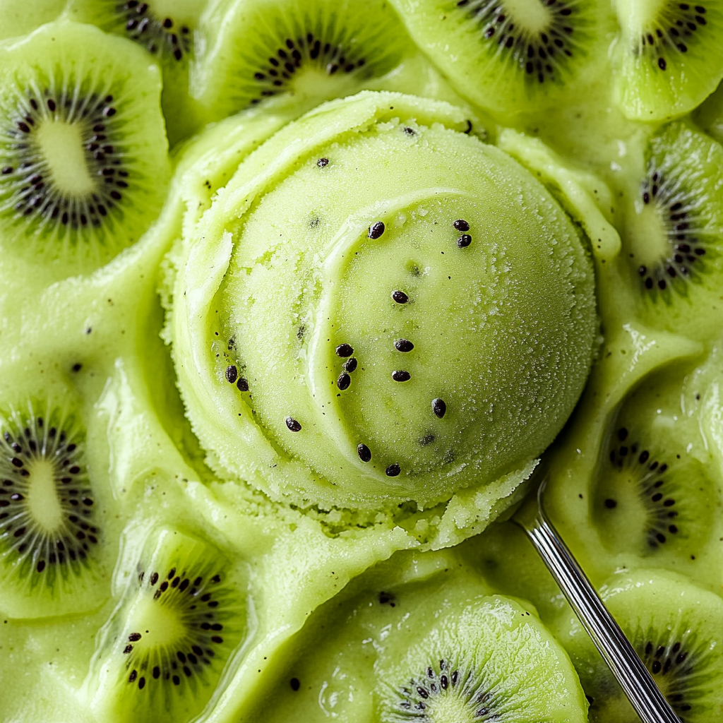 Eine Kugel Sorbet auf grünem Hintergrund.