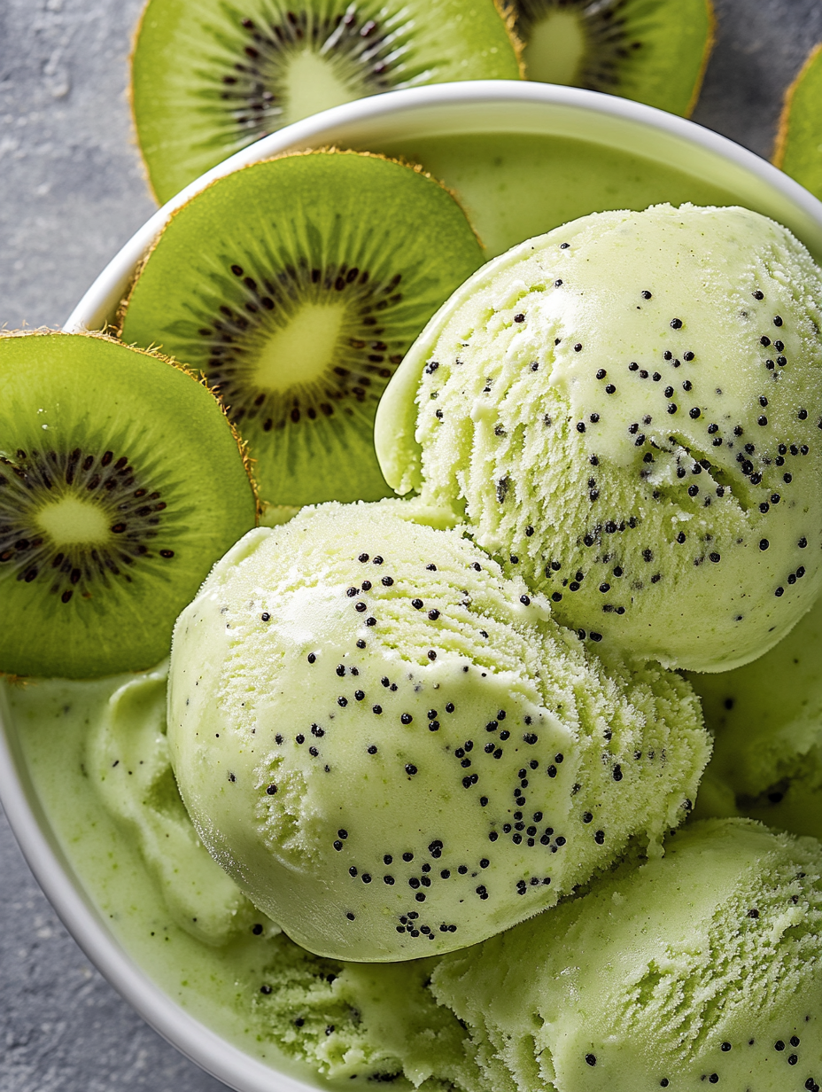 Eine Schale mit grünem Eis und Kiwischeiben als Topping.