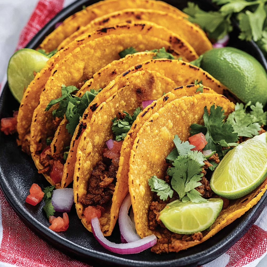 Ein Teller mit Tacos, Zwiebeln und Limetten.