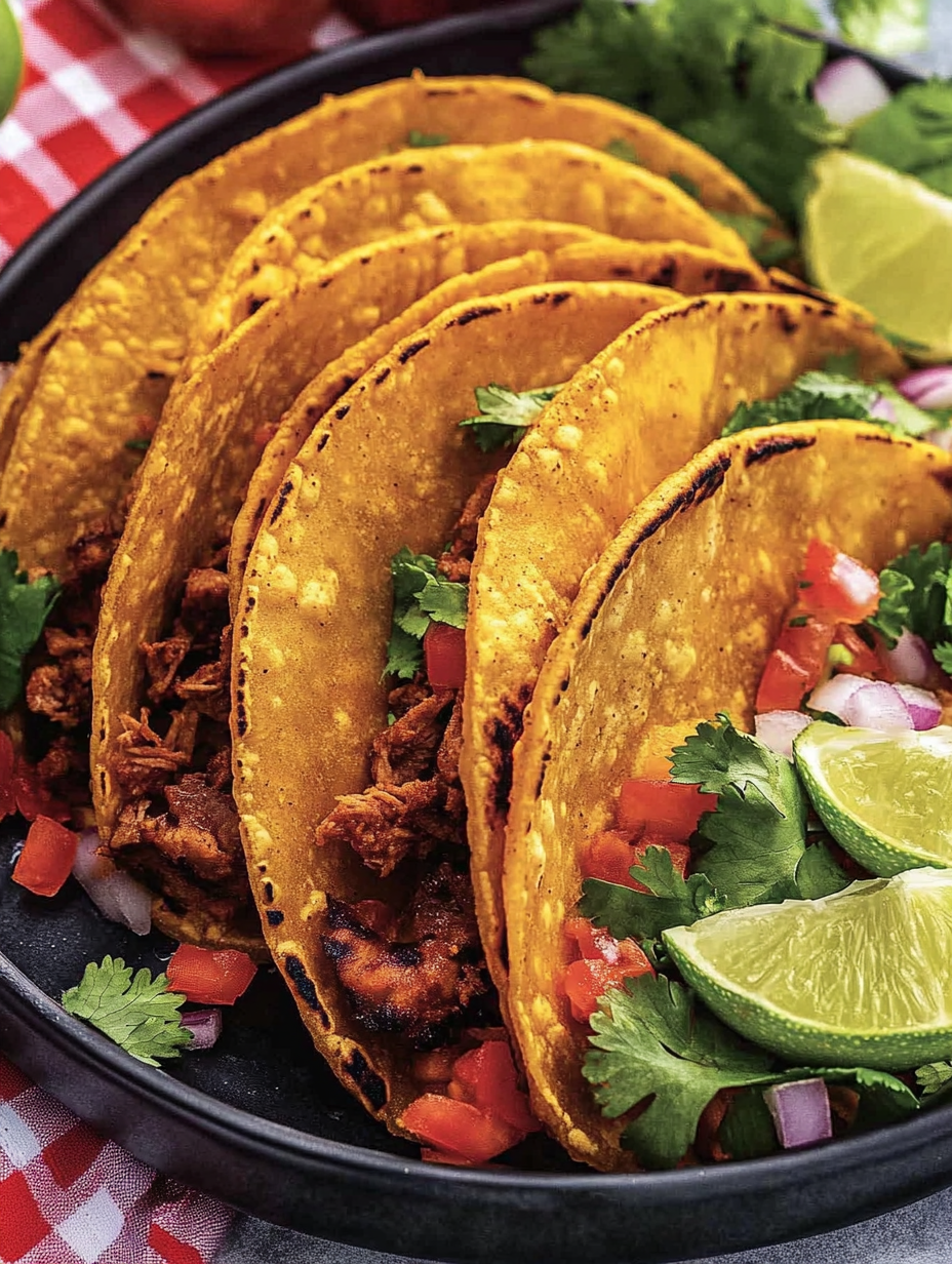 Ein Teller mit Tacos und Limetten sowie Zwiebeln.
