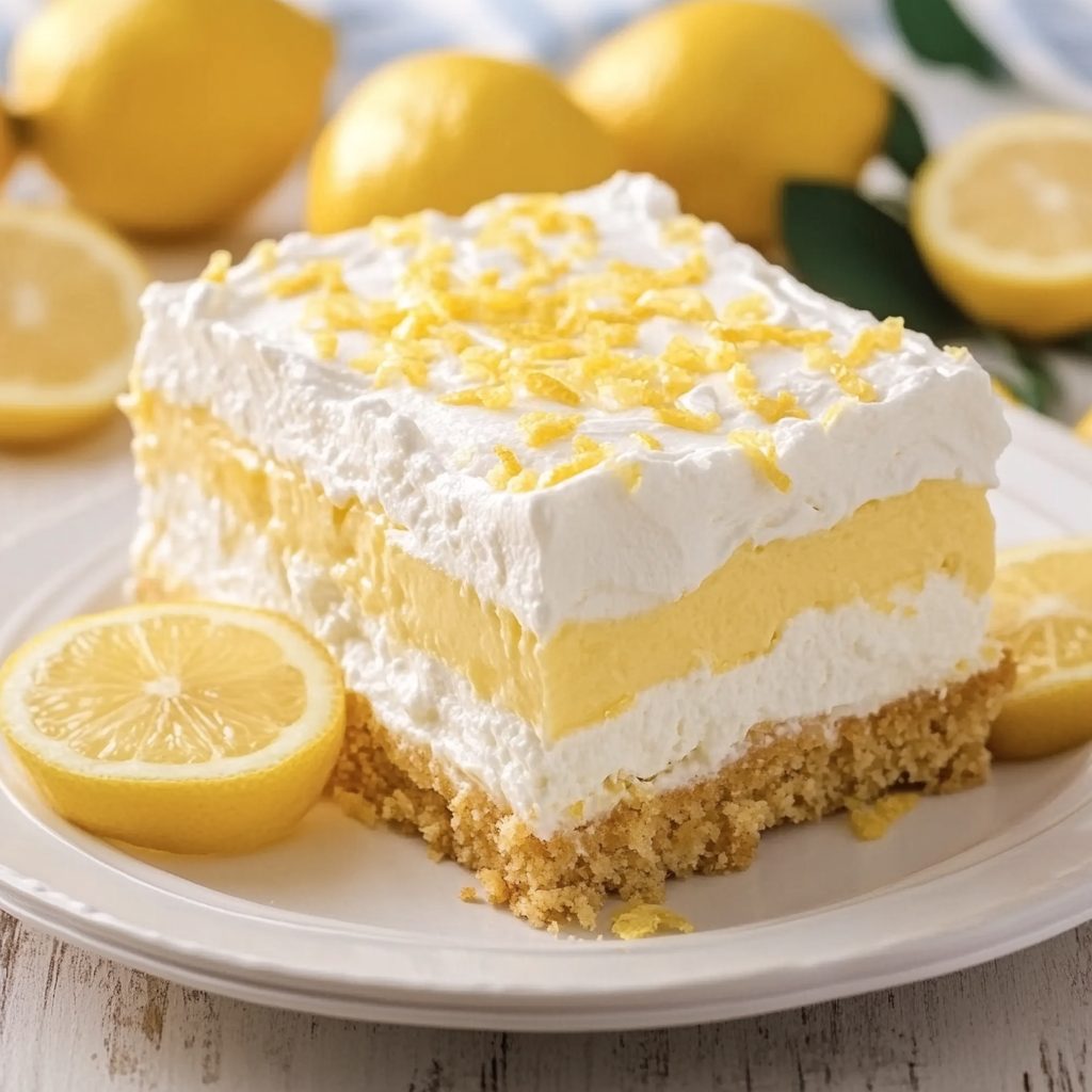 Ein Stück Zitronenkuchen, belegt mit Zitronenscheiben.