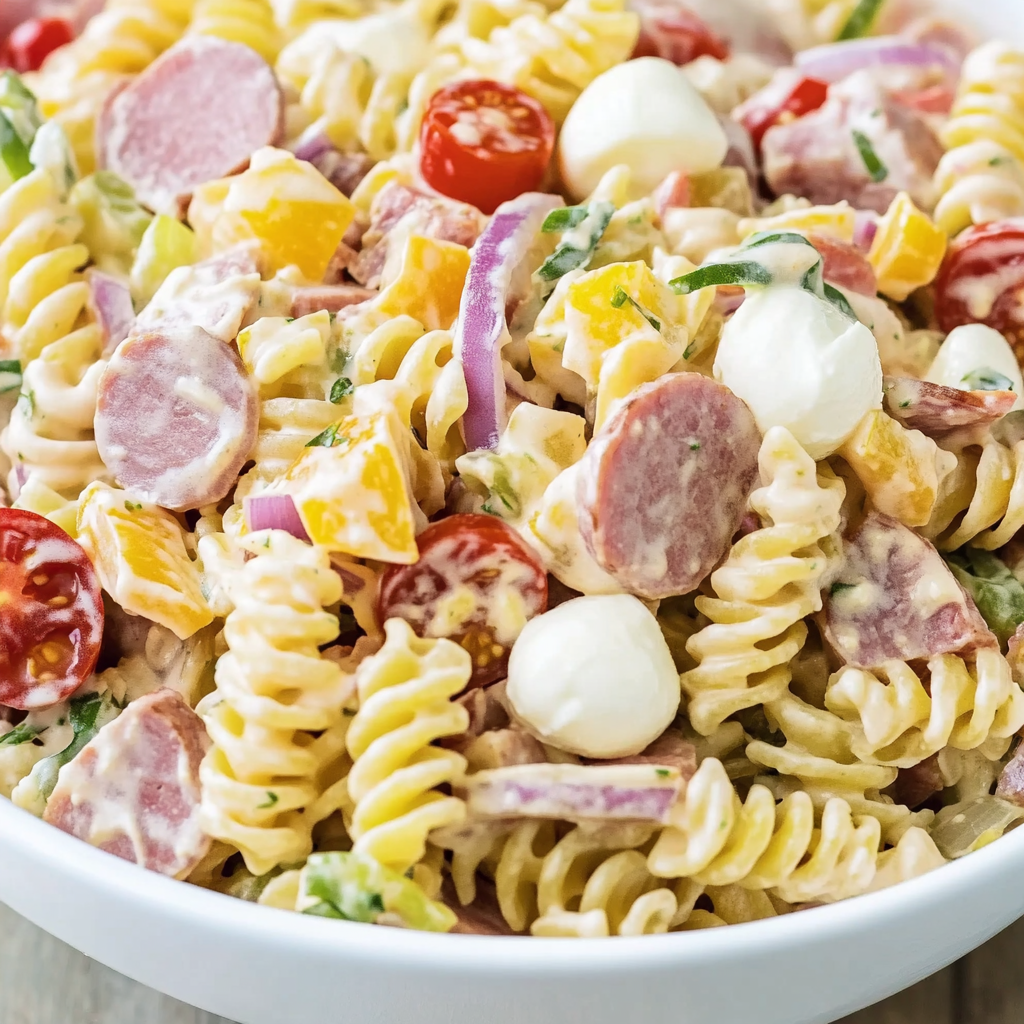 Schüssel mit Nudeln, Wurst und Gemüse.