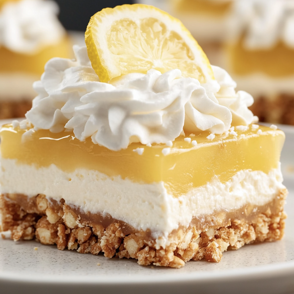 Ein Stück Zitronen-Käsekuchen, gekrönt mit einer Zitronenscheibe.