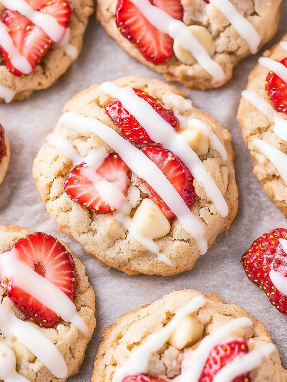 Ein Keks mit weißer Glasur und Erdbeeren obendrauf.
