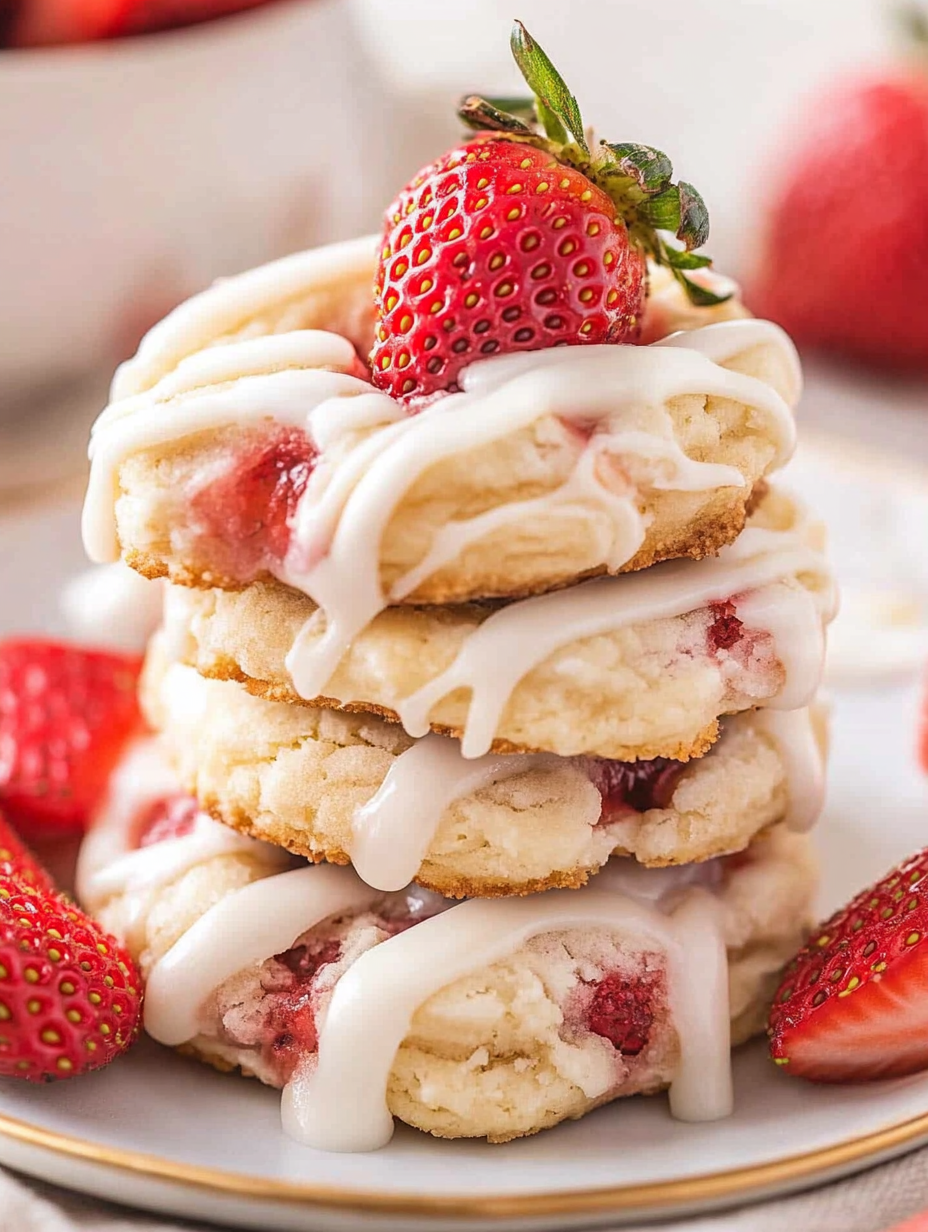 Ein Keksturm mit weißer Glasur und Erdbeeren oben drauf.
