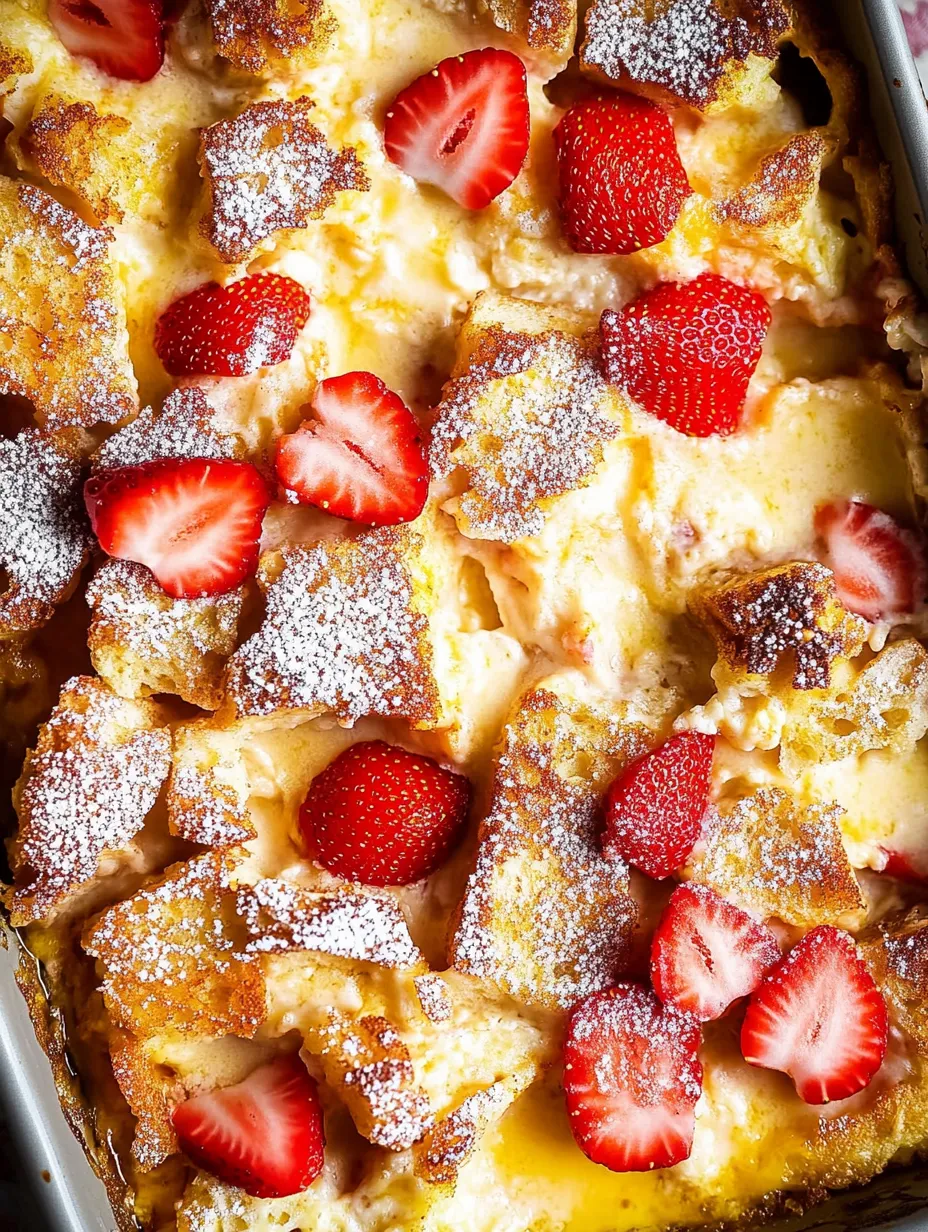 Ein Dessert mit Erdbeeren und Puderzucker in Nahaufnahme.