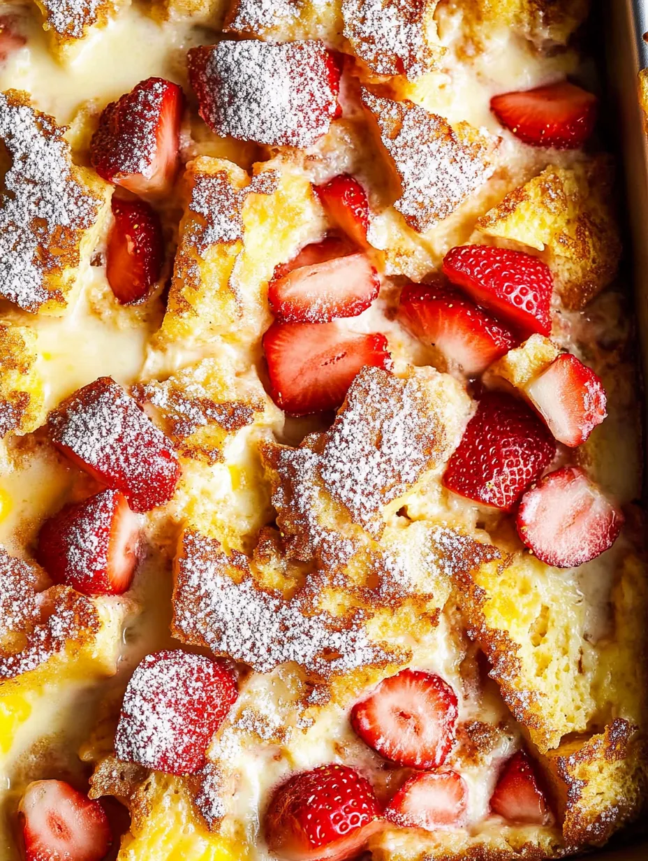 Ein Erdbeerkuchen mit Puderzucker, in Nahaufnahme.