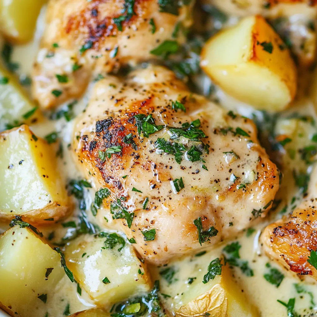 Huhn mit Kartoffeln und Kräutern.