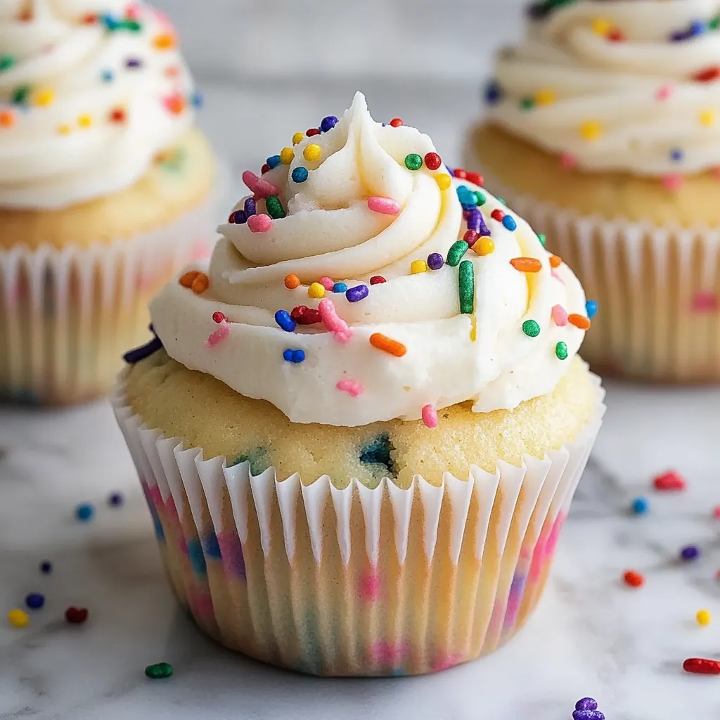Ein Cupcake mit bunten Streuseln oben drauf.