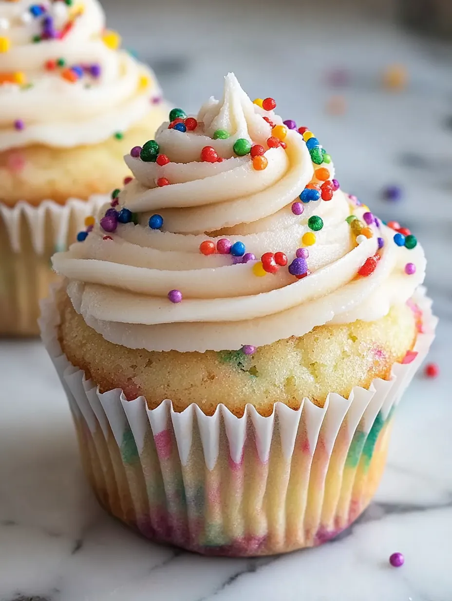 Ein Cupcake mit weißem Topping und bunten Streuseln.
