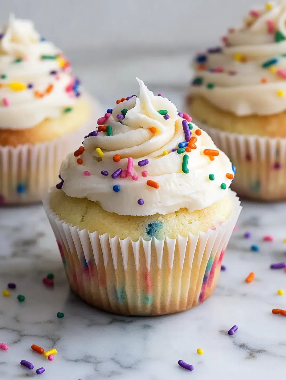Ein Cupcake mit bunten Streuseln obendrauf.