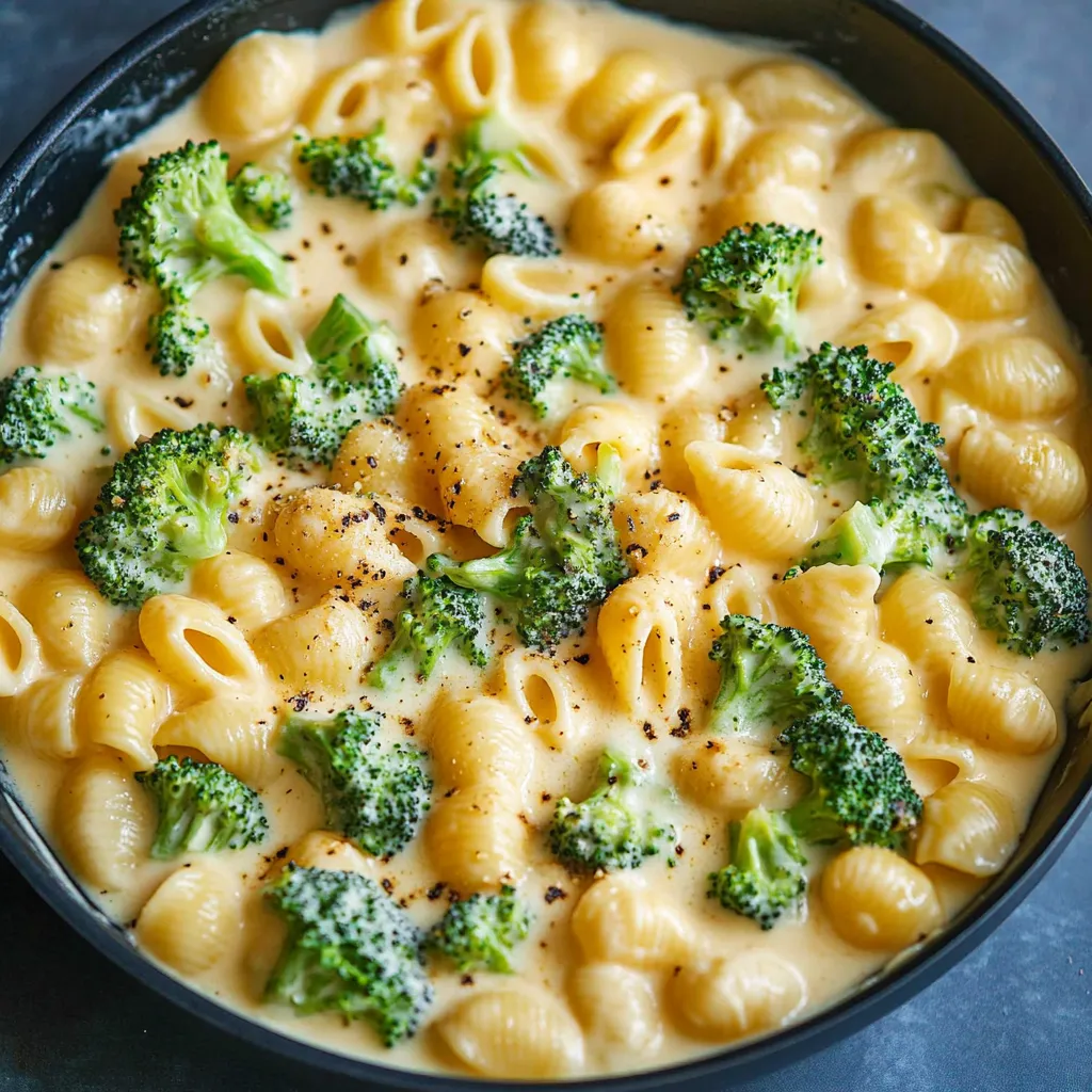 Eine Schale mit Makkaroni mit Käse und Brokkoli oben drauf.