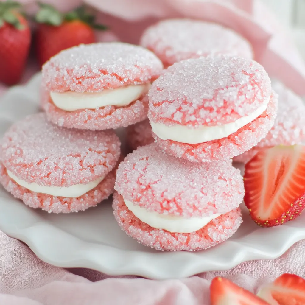 Ein Teller voller pink-weißer Kekse und ein paar frische Erdbeeren.