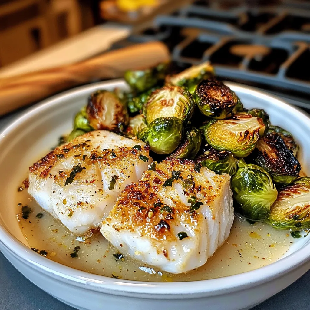 Eine Schüssel mit Fisch und Rosenkohl.