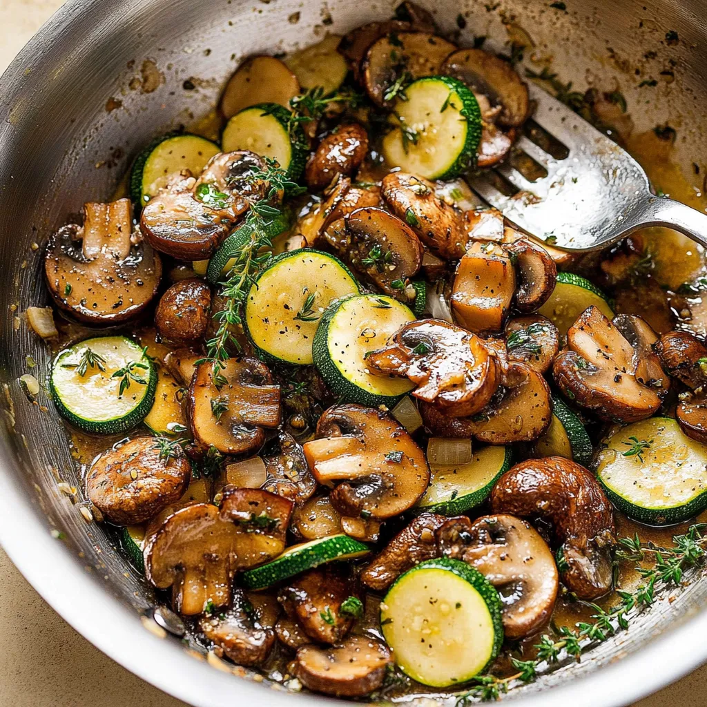 Eine Schale mit Pilzen und Zucchini.