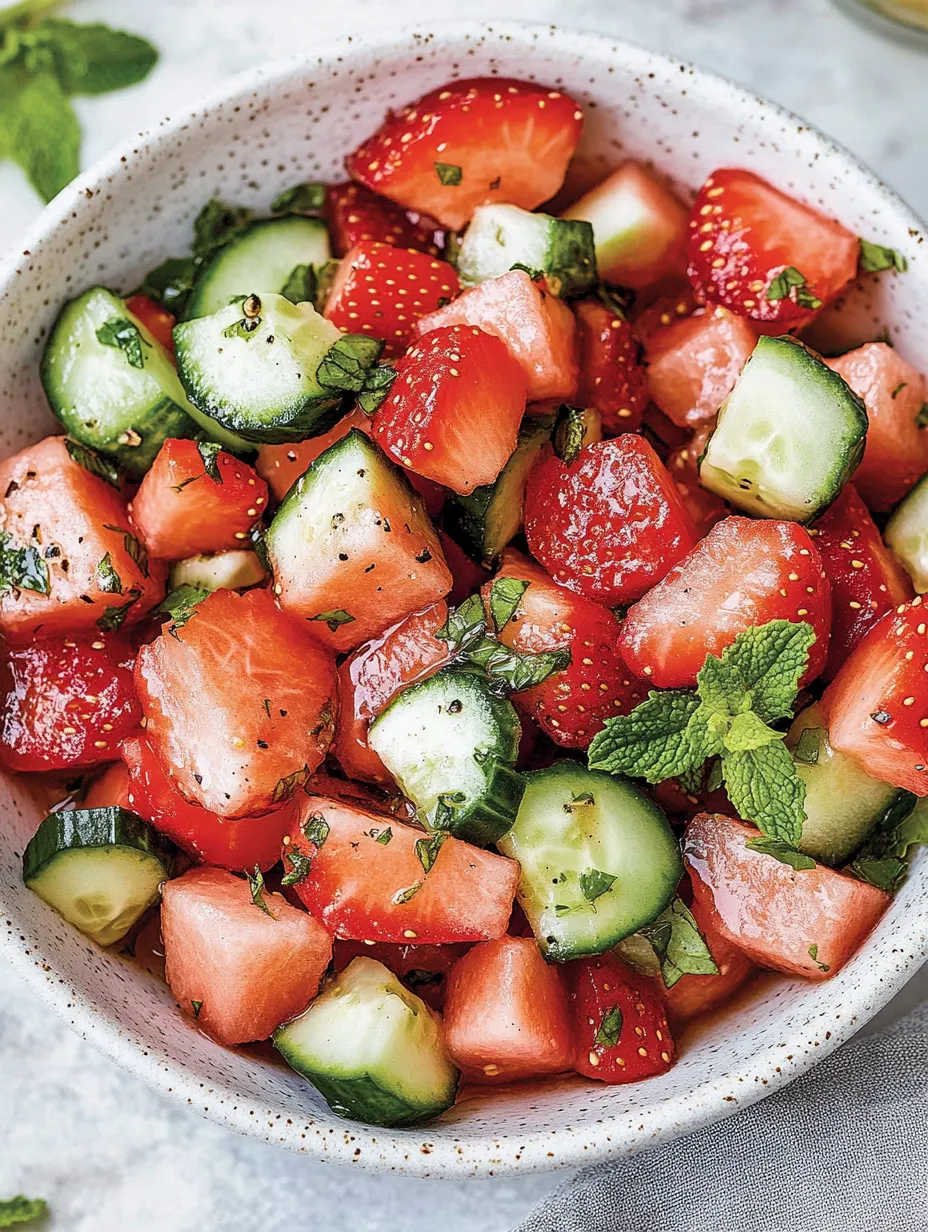 Eine Schale mit Erdbeeren, Wassermelone und Gurke.
