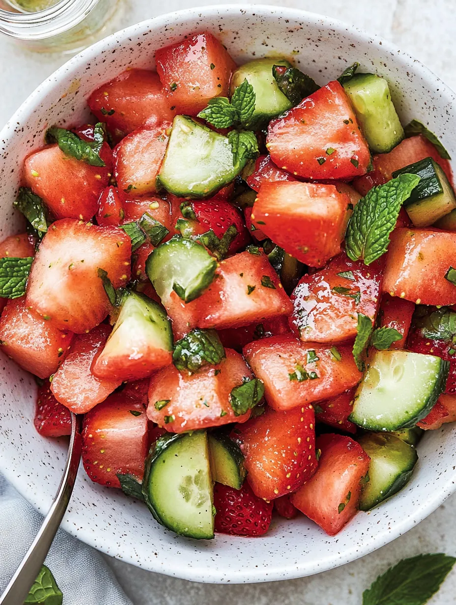 Eine Schale mit Erdbeeren, Gurken und Minze.
