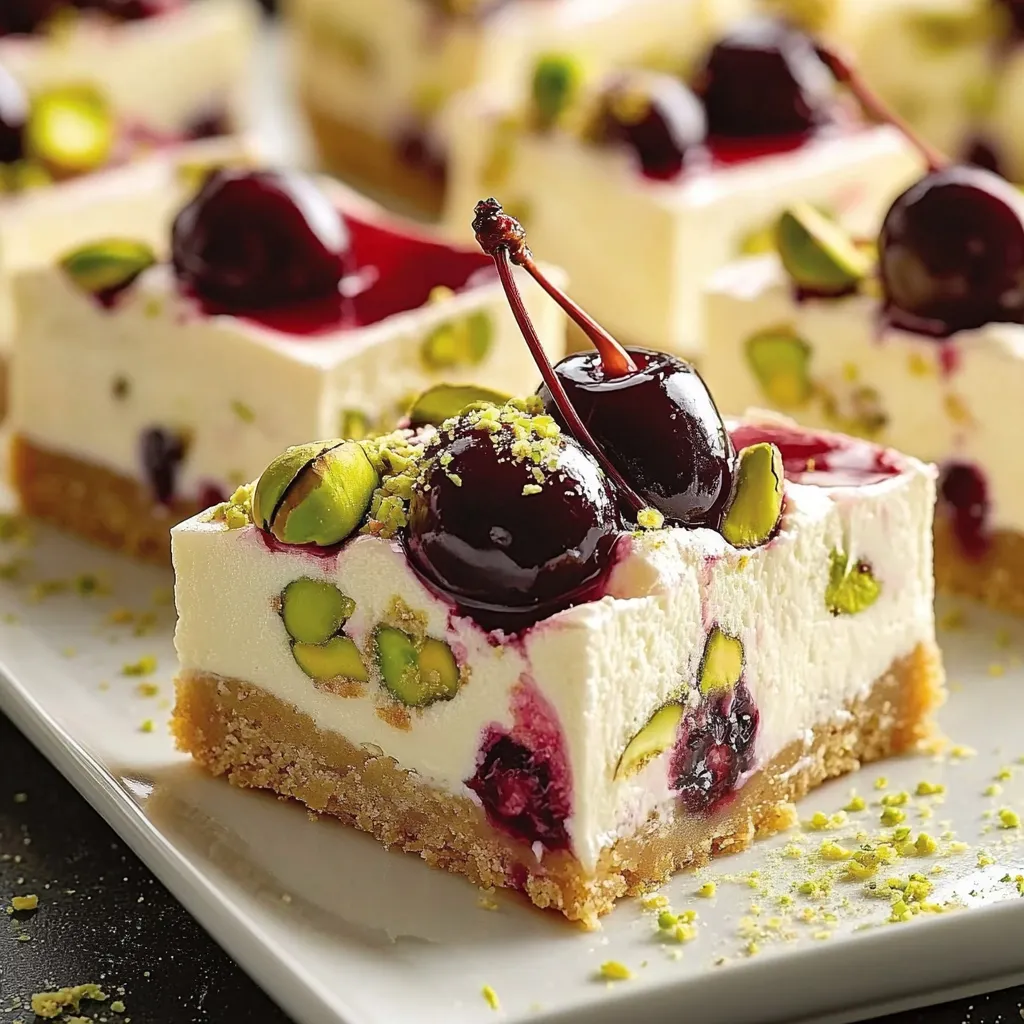 Ein Stück Käsekuchen mit Kirschen oben drauf.