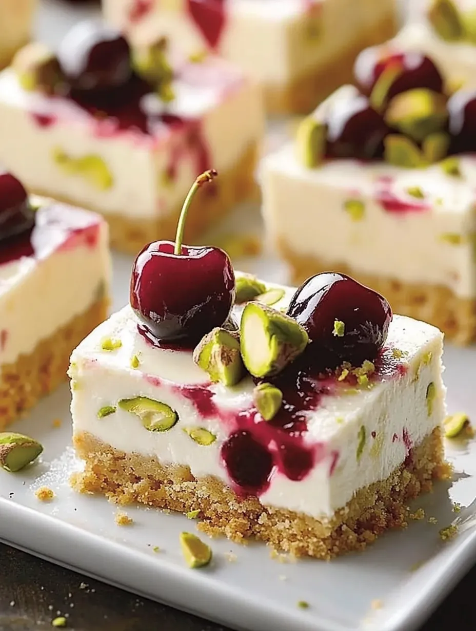 Ein Stück Käsekuchen mit Kirschen obendrauf.