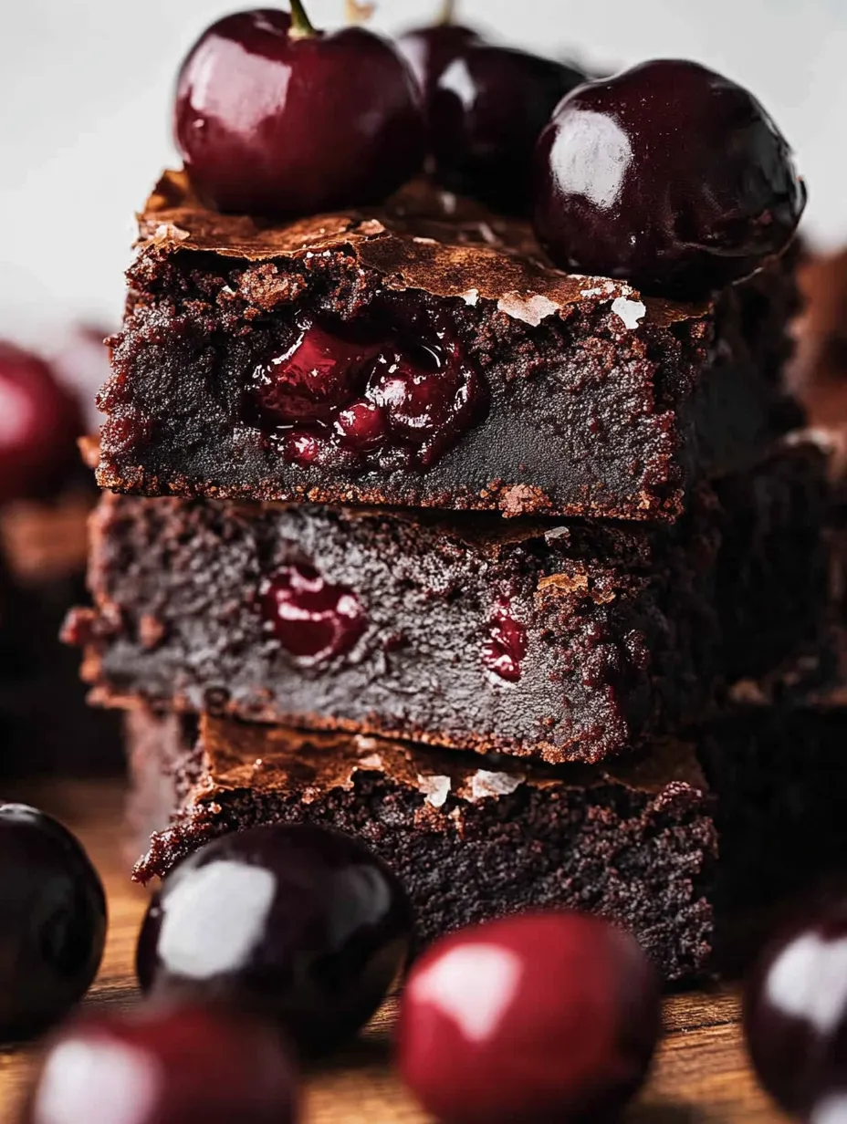 Ein Stapel Schokokuchen mit Kirschen oben drauf.