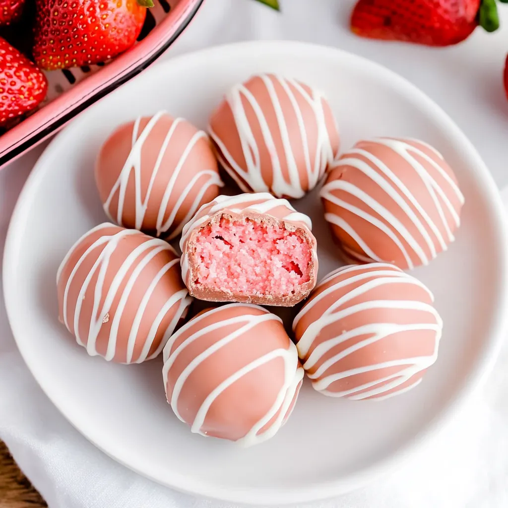 Ein Teller mit pinken und weißen Naschereien, hinten ein paar Erdbeeren.