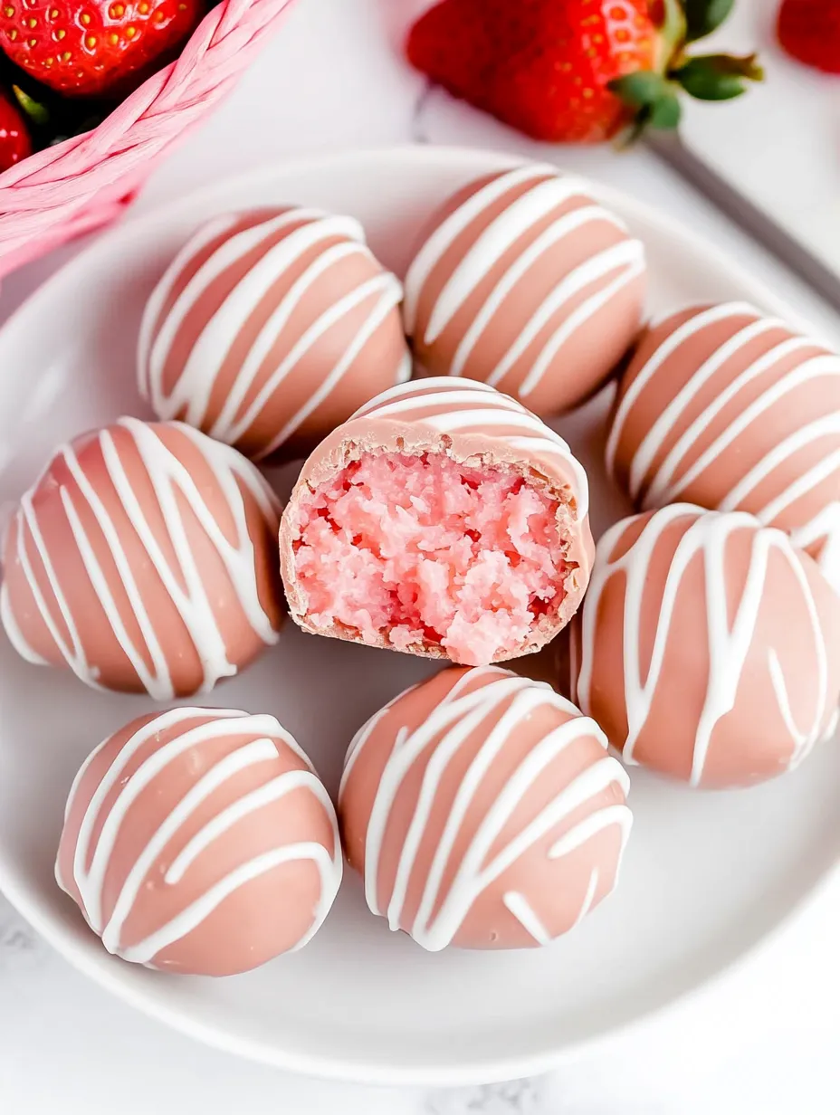 Ein Teller mit rosa-weißen Kuchenbällchen.
